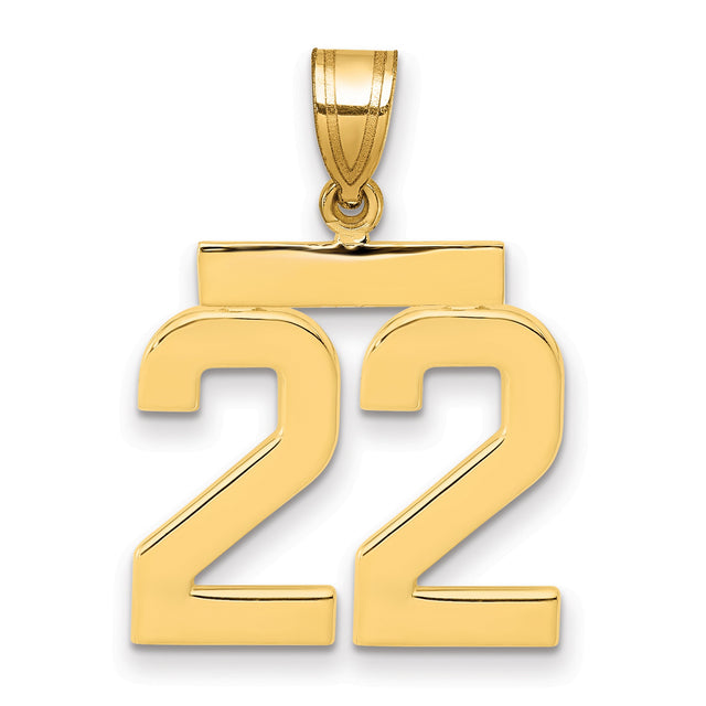 14k Yellow Gold Number 22 Pendant, Bold Block Numerals Sports Charm for Men or Unisex