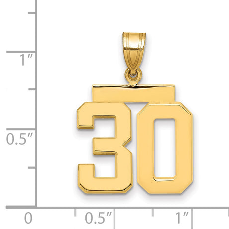 Medium Polished Number 30 Charm Pendant in Real 14k Yellow Gold