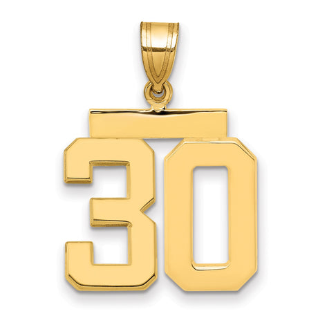 Medium Polished Number 30 Charm Pendant in Real 14k Yellow Gold
