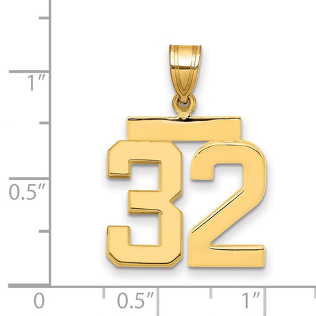 Medium Polished Number 32 Charm Pendant in Real 14k Yellow Gold