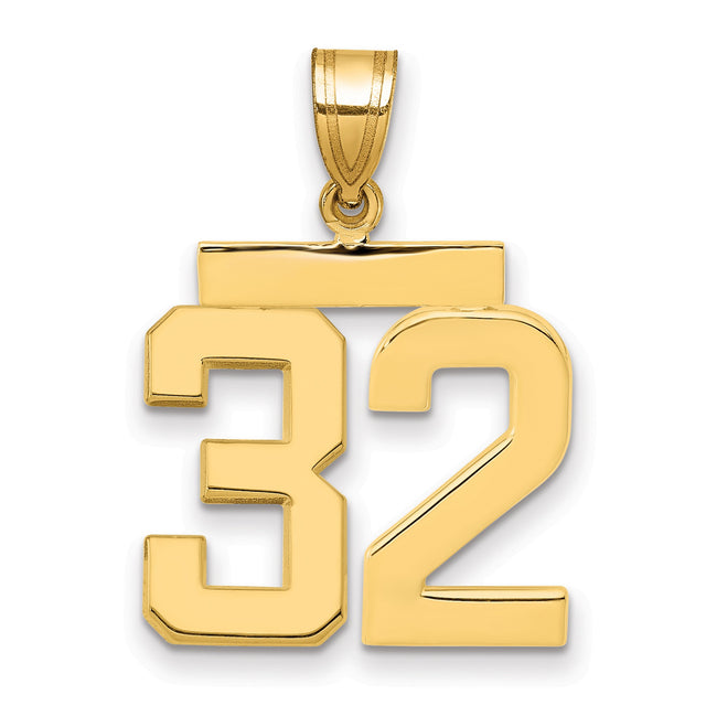 Medium Polished Number 32 Charm Pendant in Real 14k Yellow Gold