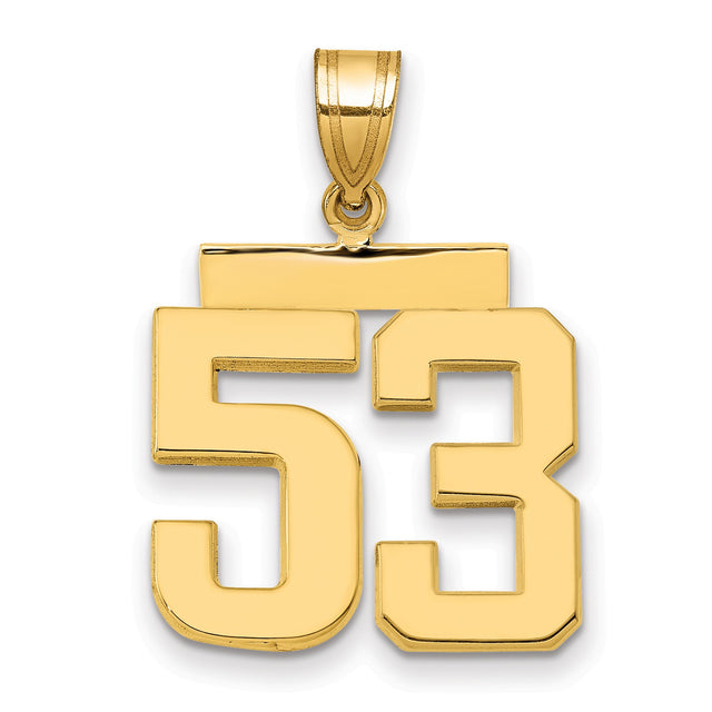 14k Yellow Gold Number 53 Pendant, Bold Block Numerals, Unisex Sports Charm