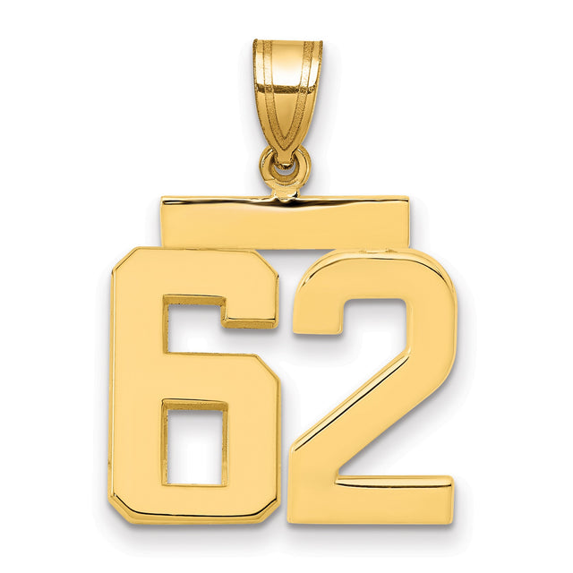 Medium Polished Number 62 Charm Pendant in Real 14k Yellow Gold