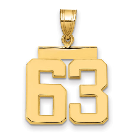 Medium Polished Number 63 Charm Pendant in Real 14k Yellow Gold