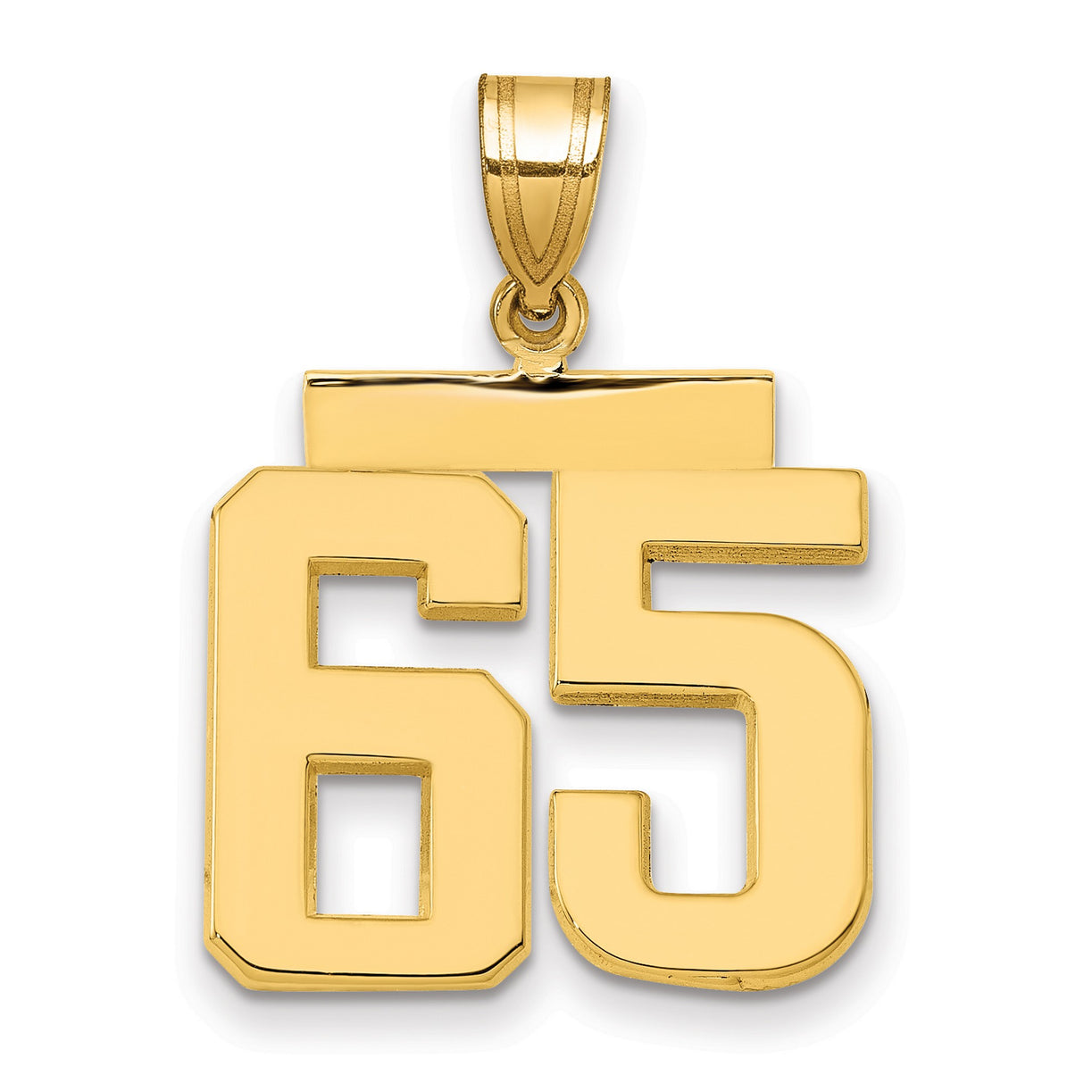 14k Yellow Gold Number 65 Pendant, Block Style Commemorative Charm for Men or Unisex Wear