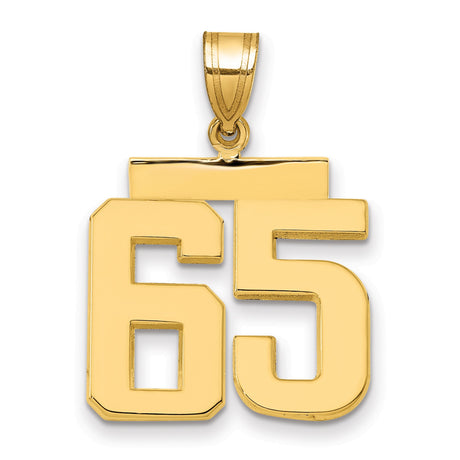 14k Yellow Gold Number 65 Pendant, Block Style Commemorative Charm for Men or Unisex Wear