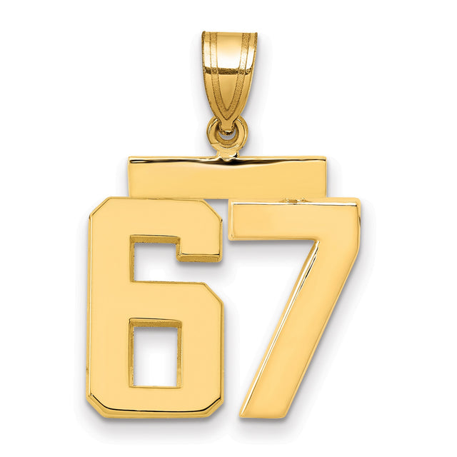 Medium Polished Number 67 Charm Pendant in Real 14k Yellow Gold