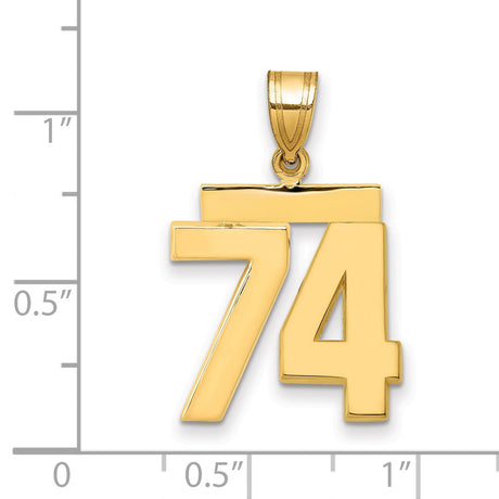 Medium Polished Number 74 Charm Pendant in Real 14k Yellow Gold