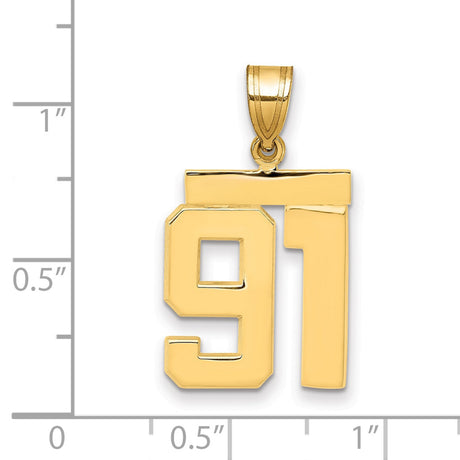 Medium Polished Number 91 Charm Pendant in Real 14k Yellow Gold