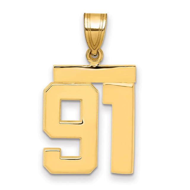Medium Polished Number 91 Charm Pendant in Real 14k Yellow Gold