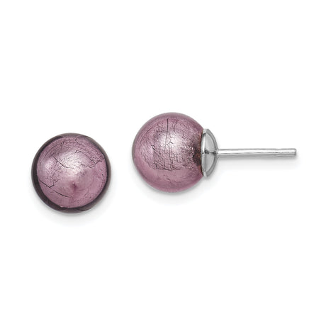 Sterling Silver Stud Earrings with Purple Murano Glass Beads, Lavender Crackled Finish, Minimalist Round Design for Women, Lightweight Italian Art Glass Jewelry, Elegant Modern Everyday Wear