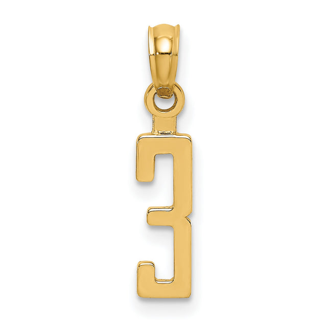 14k Yellow Gold Number 3 Pendant Charm, Block Style Arabic Numeral, Unisex Jewelry