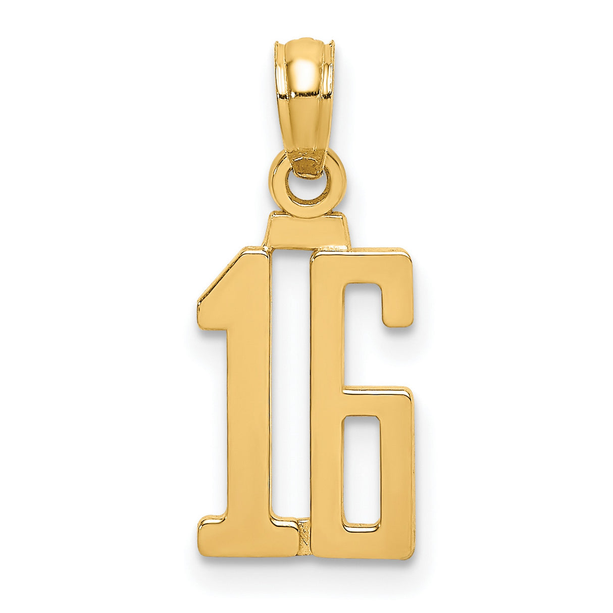 14k Yellow Gold Number 16 Pendant, Polished Sweet Sixteen Birthday Charm for Women or Unisex Wear