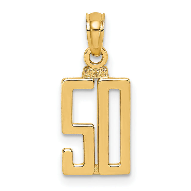 14k Yellow Gold Number 50 Pendant, Polished Bold Modern Numerals, Milestone Jewelry for Men and Women