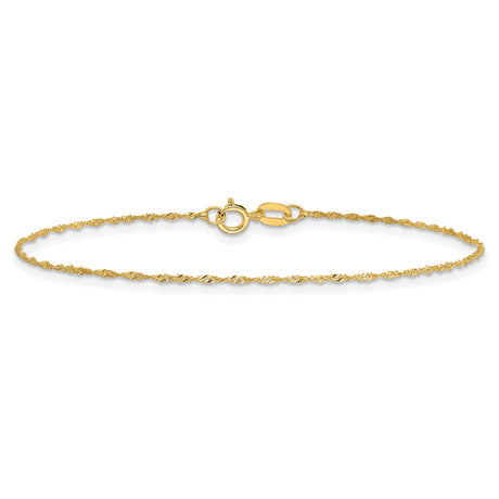 14K Yellow Gold 1 mm Singapore Chain Anklet, Polished