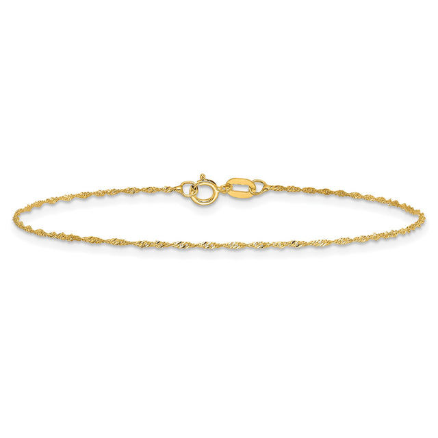 14K Yellow Gold 1 mm Singapore Chain Anklet, Polished