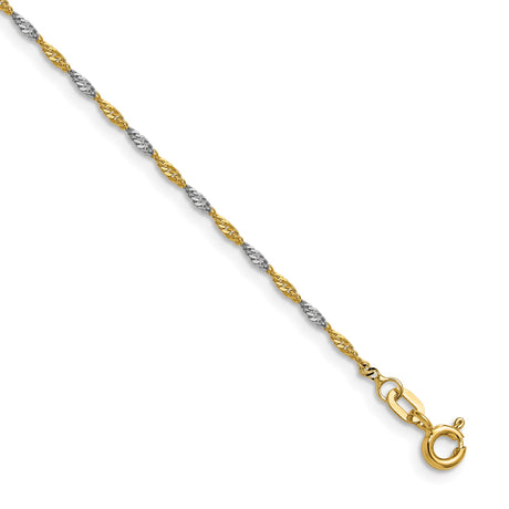 14K Yellow Gold 1.4 mm Singapore Chain Anklet, Polished shown for scale
