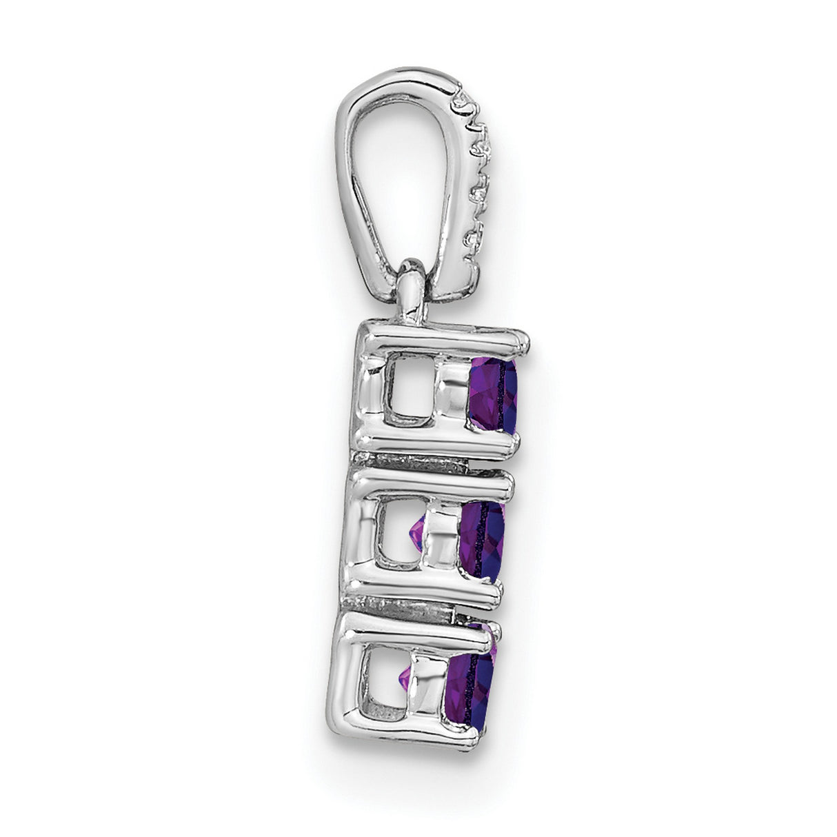 14k White Gold Pendant with Three Round Amethyst Stones and Diamond Bail