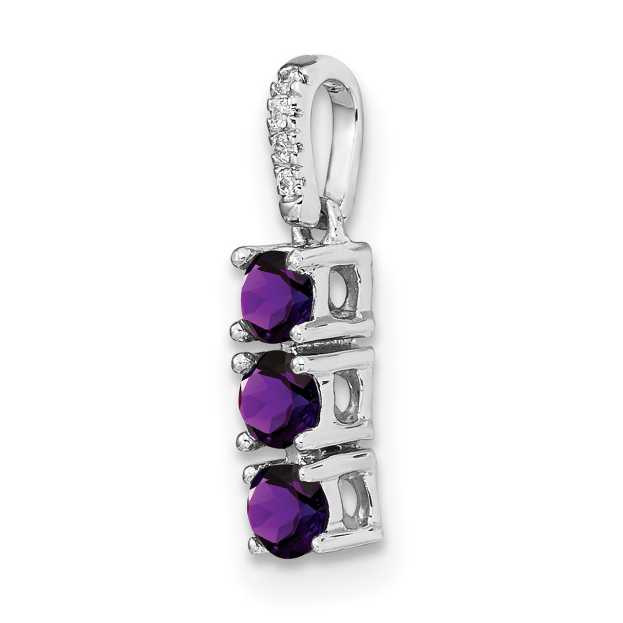 14k White Gold Pendant with Three Round Amethyst Stones and Diamond Bail