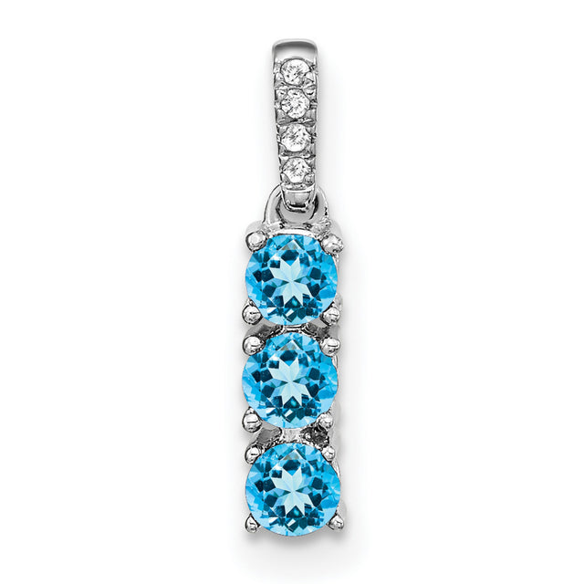 3-stone Blue Topaz and Diamond Charm Pendant in Real 14k White Gold