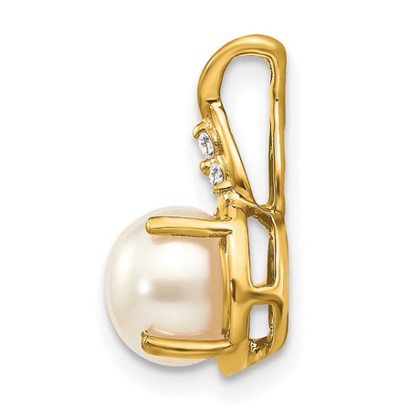 10k Yellow Gold Pendant with White Pearl and Diamond Accents, Floral Design Charm