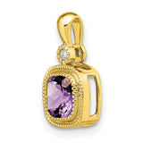 14k Yellow Gold Pendant with Cushion Cut Amethyst and Diamond Accent, Vintage Style for Women