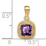 14k Yellow Gold Pendant with Cushion Cut Amethyst and Diamond Accent, Vintage Style for Women