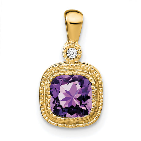 14k Yellow Gold Pendant with Cushion Cut Amethyst and Diamond Accent, Vintage Style for Women