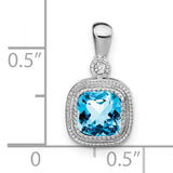 14k White Gold Pendant with Cushion Cut Swiss Blue Topaz and Diamond Halo