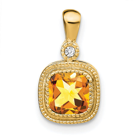 14k Yellow Gold Pendant with Cushion Cut Citrine and Diamond Accent, Vintage Bezel Setting