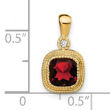 Cushion Garnet and Diamond Charm Pendant in Real 14k Yellow Gold