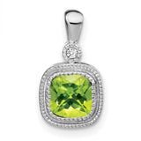 14k White Gold Pendant with Cushion Cut Peridot and Diamond Accents, Vintage Milgrain Design