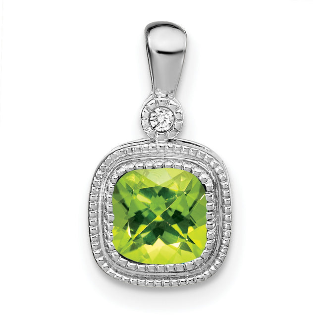 14k White Gold Pendant with Cushion Cut Peridot and Diamond Accents, Vintage Milgrain Design