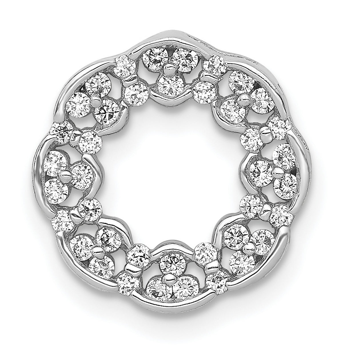 14k White Gold Floral Wreath Pendant with Round Diamonds in Open Circle Design