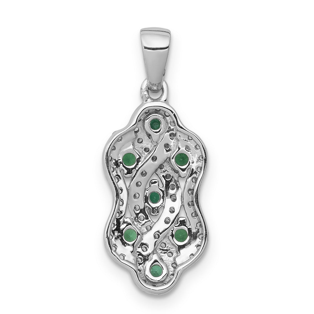 14k White Gold Pendant with Green Emeralds and Diamond Accents, Intertwined Wave Design