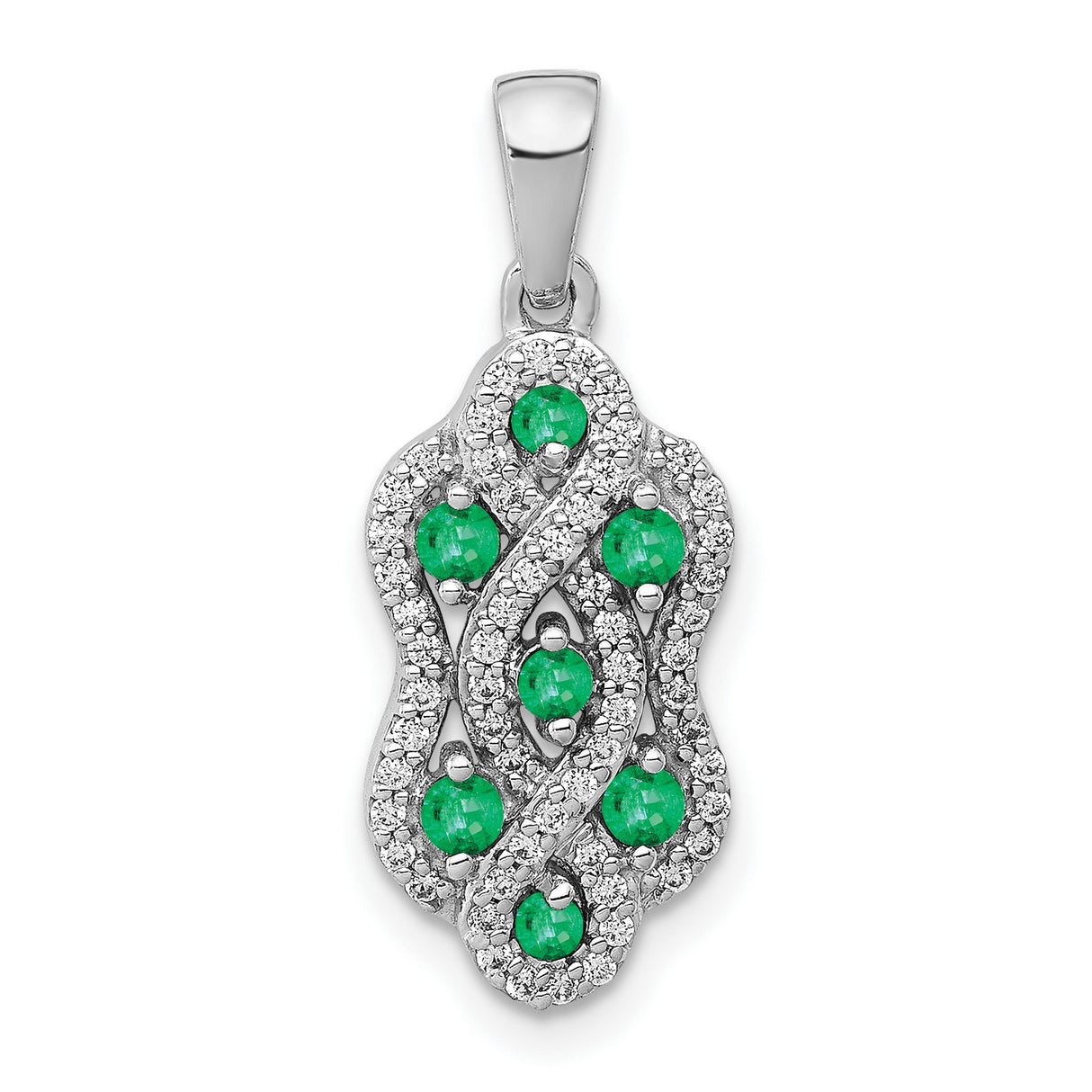 14k White Gold Pendant with Green Emeralds and Diamond Accents, Intertwined Wave Design