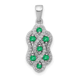 14k White Gold Pendant with Green Emeralds and Diamond Accents, Intertwined Wave Design