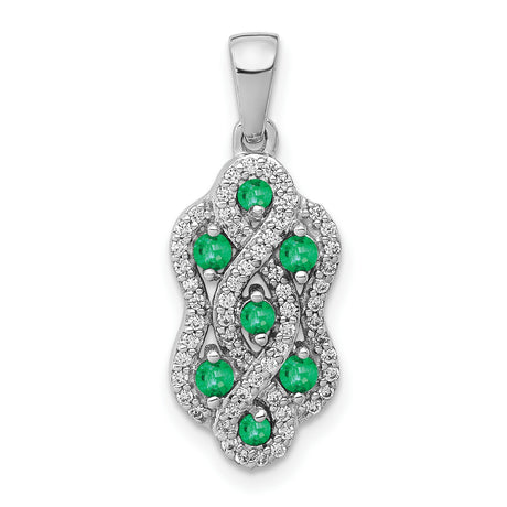 14k White Gold Pendant with Green Emeralds and Diamond Accents, Intertwined Wave Design