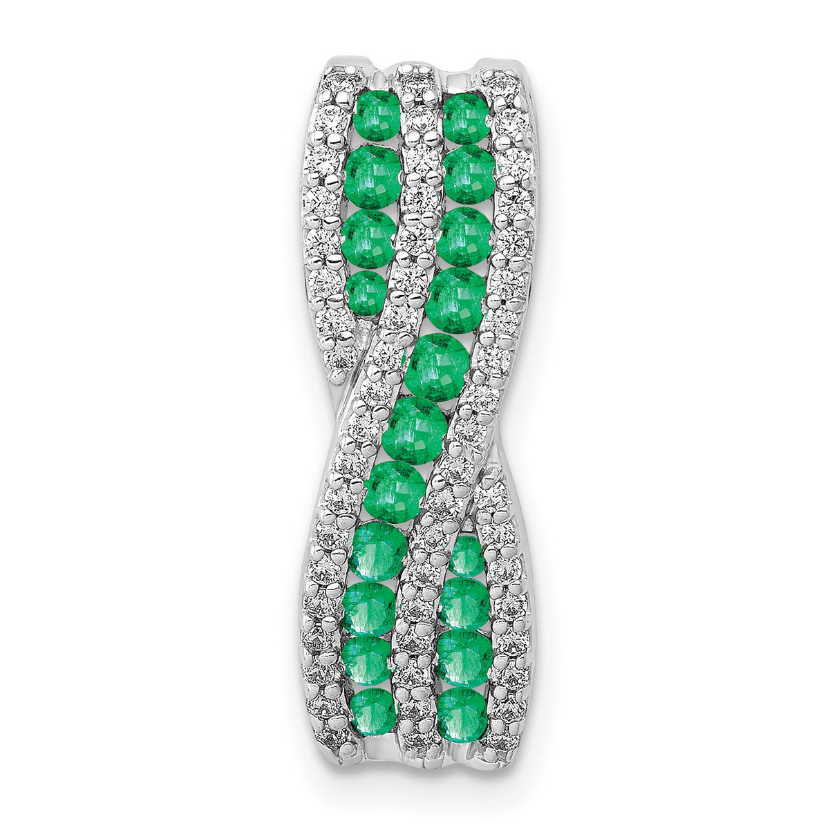 14k White Gold Pendant with Emeralds and Diamonds, Twist Design Jewelry for Women