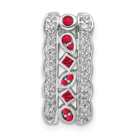 Diamond and .17 Ruby Fancy Chain Slide Charm Pendant in Real 14k White Gold