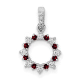 14k White Gold Circle Pendant with Garnet and Diamond, Sunburst Wreath Design