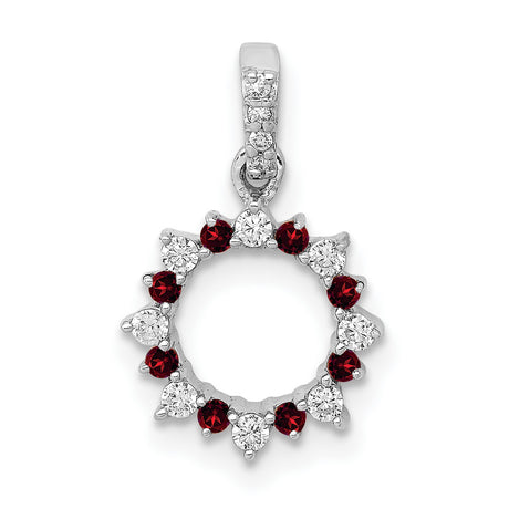 14k White Gold Circle Pendant with Garnet and Diamond, Sunburst Wreath Design