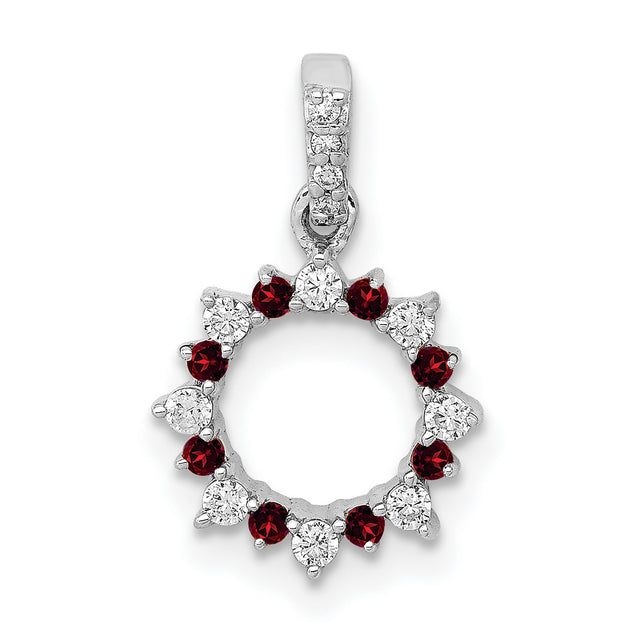 14k White Gold Circle Pendant with Garnet and Diamond, Sunburst Wreath Design