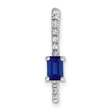 14k White Gold Pendant with Emerald Cut Blue Sapphire and Diamond Accents in Bar Design