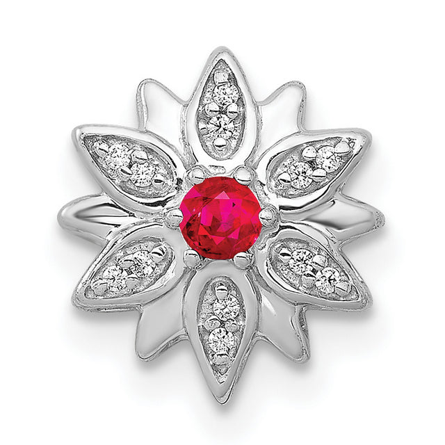 1/20ct Diamond and Ruby Flower Chain Slide Charm Pendant in Real 14k White Gold