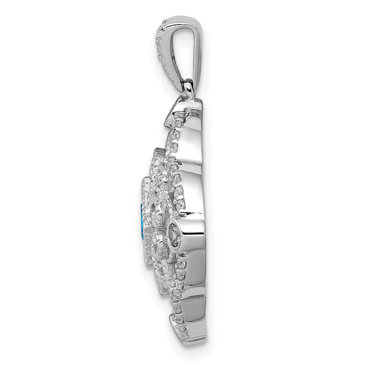 14k White Gold Pendant with Princess Cut Swiss Blue Topaz and Diamond Accents, Vintage Filigree Design