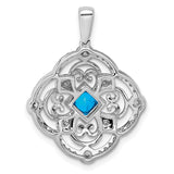 14k White Gold Pendant with Princess Cut Swiss Blue Topaz and Diamond Accents, Vintage Filigree Design