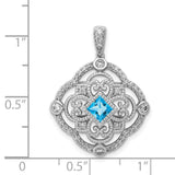 14k White Gold Pendant with Princess Cut Swiss Blue Topaz and Diamond Accents, Vintage Filigree Design