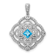 14k White Gold Pendant with Princess Cut Swiss Blue Topaz and Diamond Accents, Vintage Filigree Design