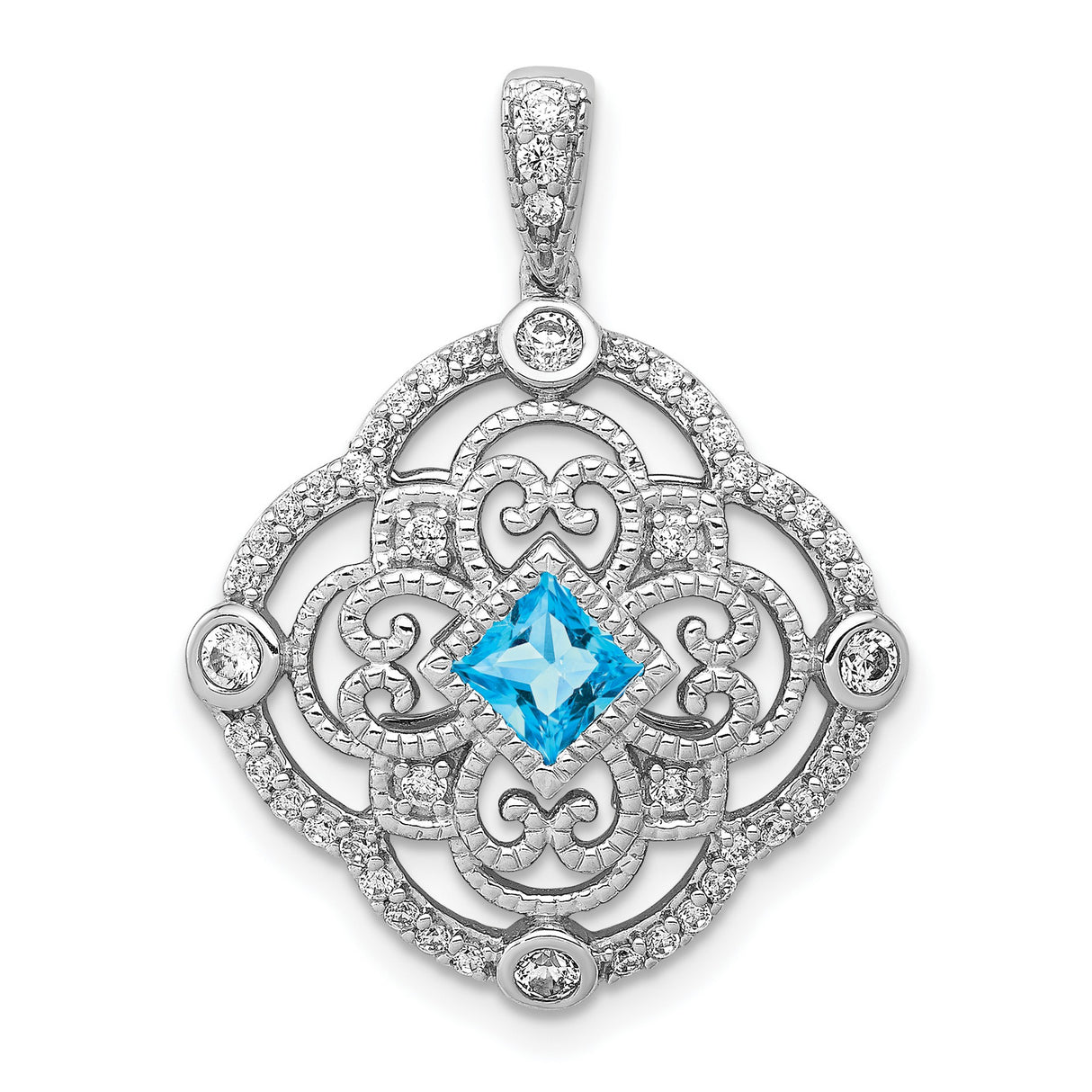 14k White Gold Pendant with Princess Cut Swiss Blue Topaz and Diamond Accents, Vintage Filigree Design